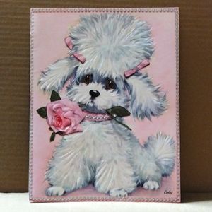 Vintage Card Paper Ephemera Fluffy White Dog with Bows & Rose 9 1/2" x 7 1/2"